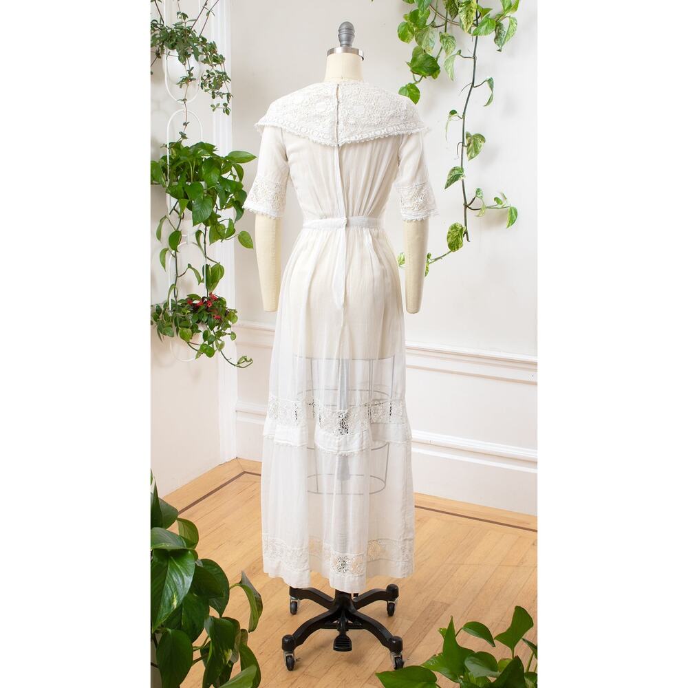Antique Edwardian 1910s White Cotton Lace Dress Tea Lawn Vintage Wedding Gown - Picture 4 of 8